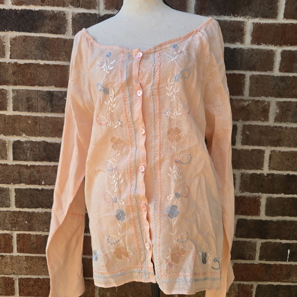 Contrepoint Peach Embroidered Linen Blend Boho Button Front Blouse Size Small